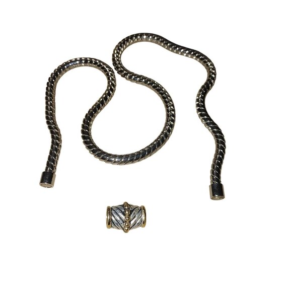 Necklace Silver Gold Tone Magnetic Clasp Braided Chain Textured Center Design - Picture 5 of 8